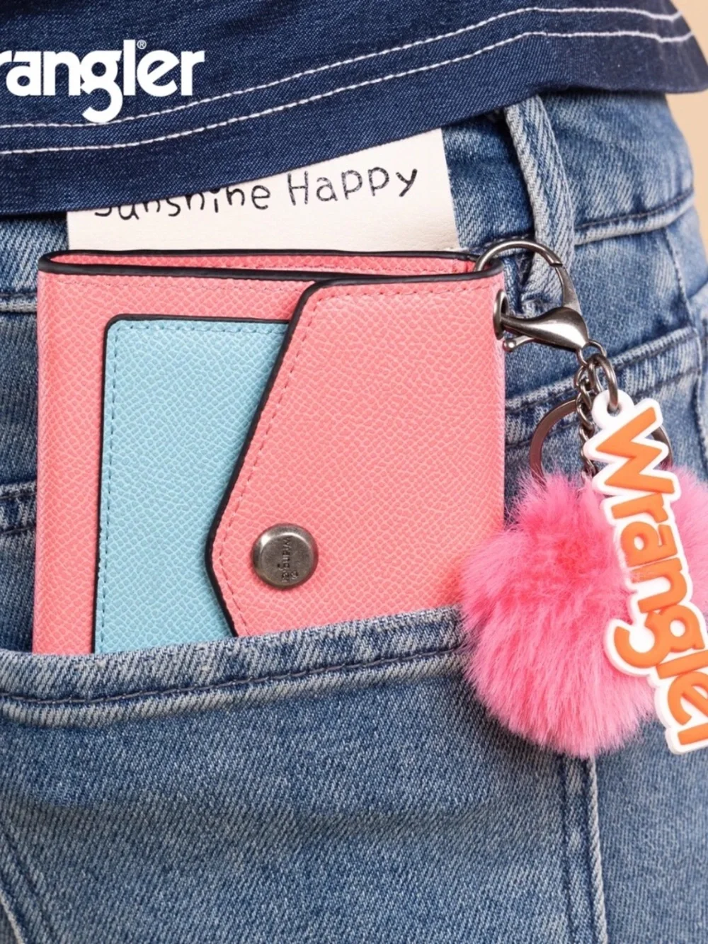 Wrangler Tri-Fold Wallet with Keyring Pom Pom Pink-Blue